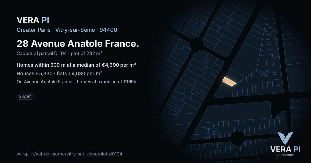 28 Avenue Anatole France, Vitry-sur-Seine at night – the plot lit, the parcels around coloured by the prices near them