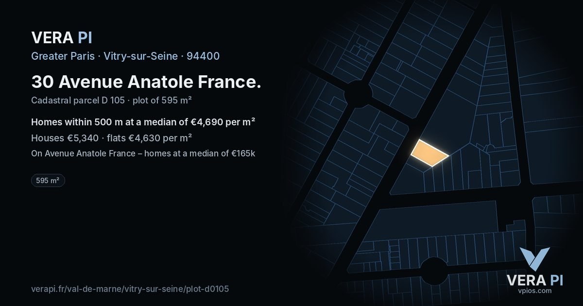 30 Avenue Anatole France, Vitry-sur-Seine at night – the plot lit, the parcels around coloured by the prices near them
