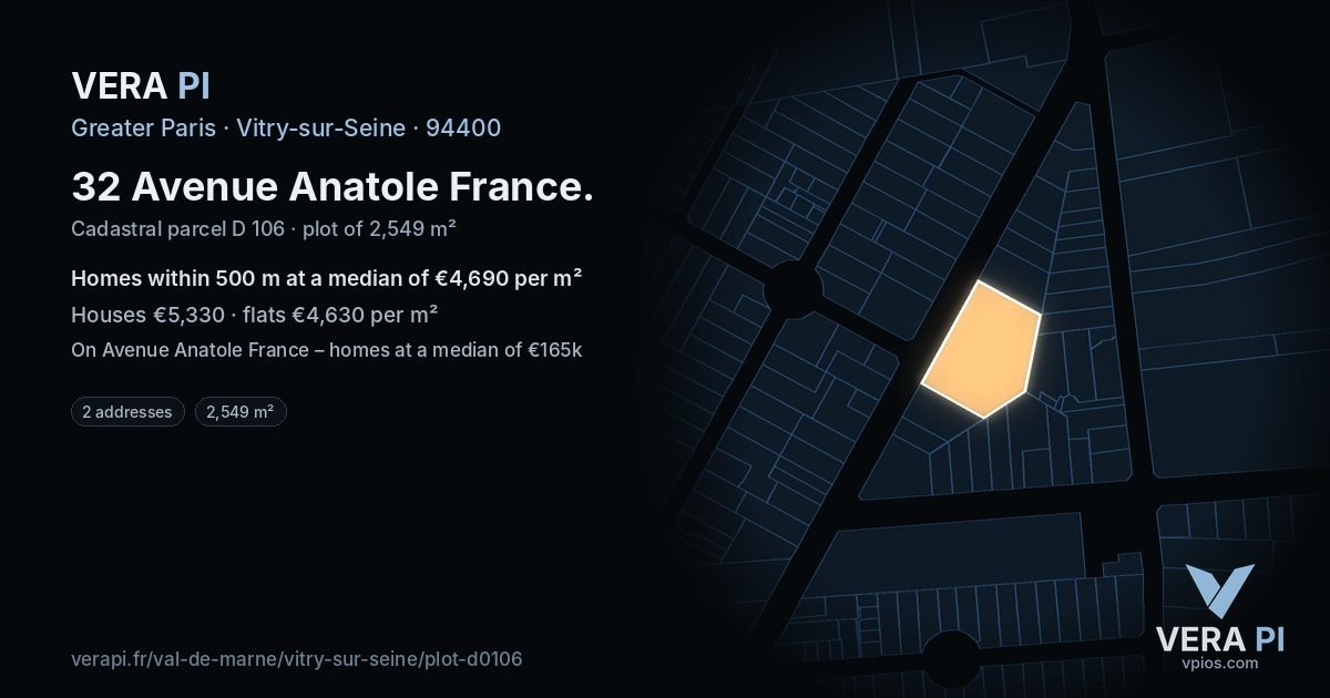 32 Avenue Anatole France, Vitry-sur-Seine at night – the plot lit, the parcels around coloured by the prices near them