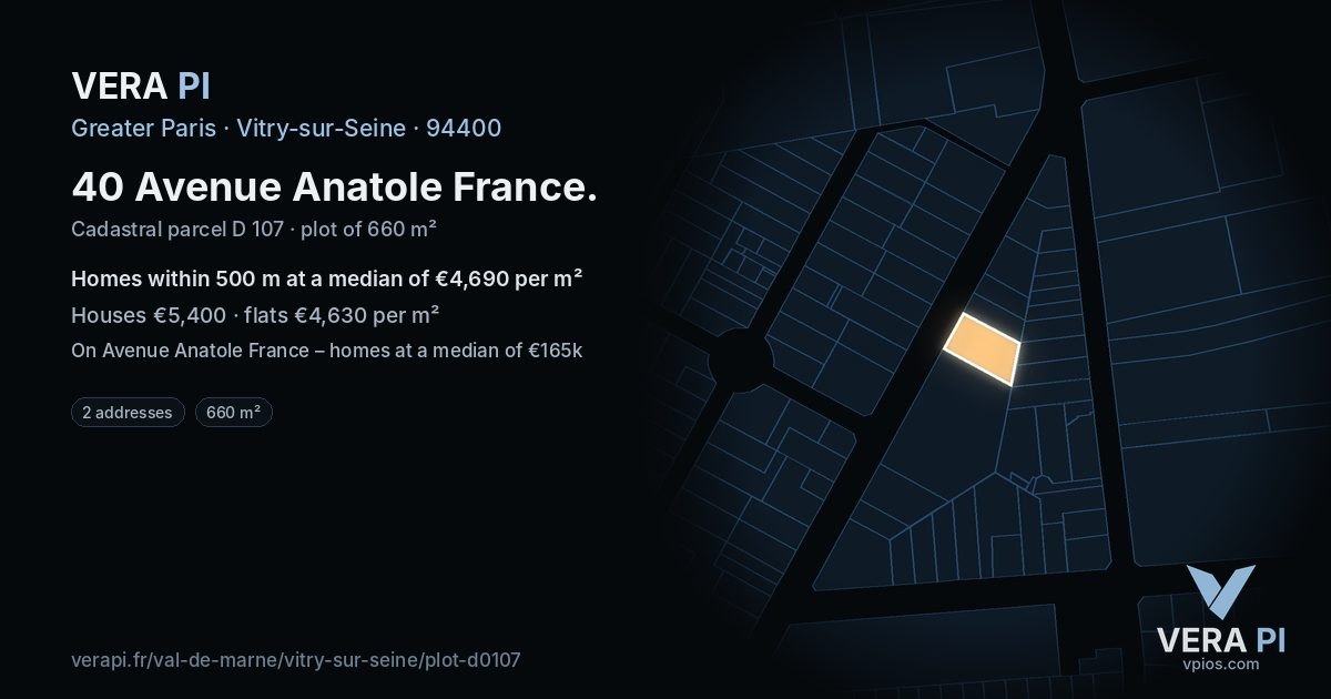 40 Avenue Anatole France, Vitry-sur-Seine at night – the plot lit, the parcels around coloured by the prices near them