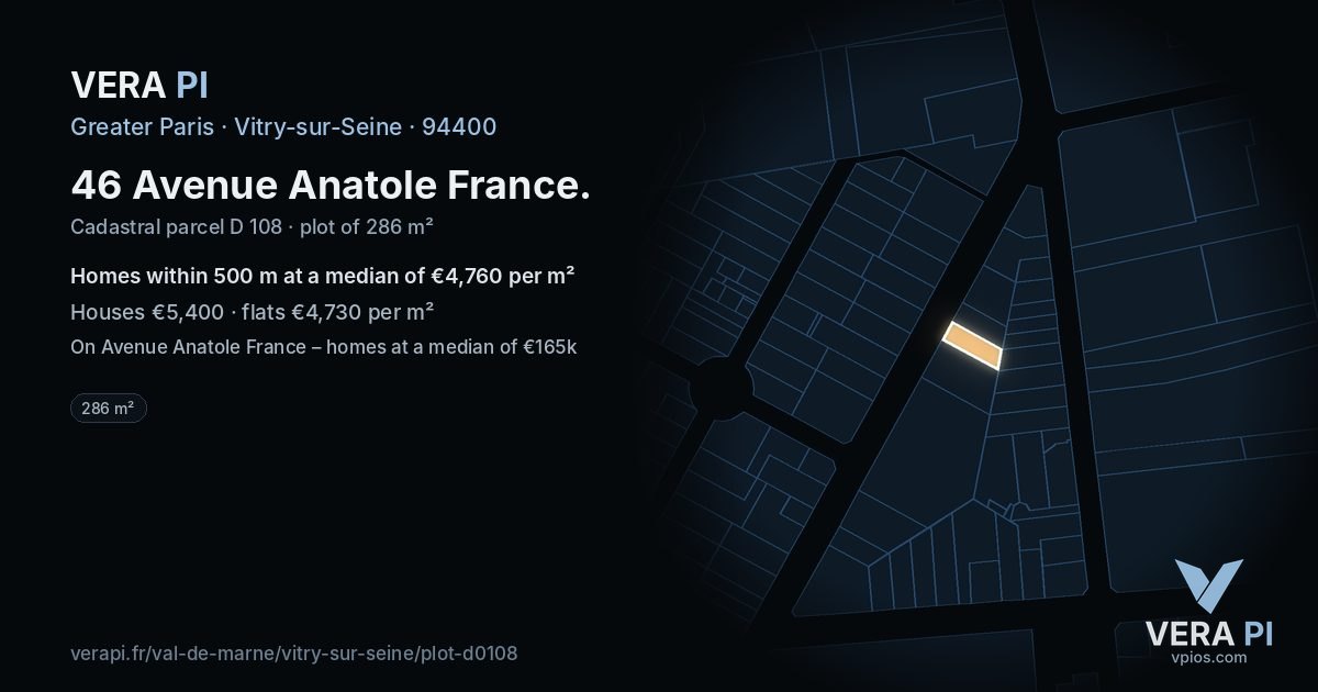 46 Avenue Anatole France, Vitry-sur-Seine at night – the plot lit, the parcels around coloured by the prices near them