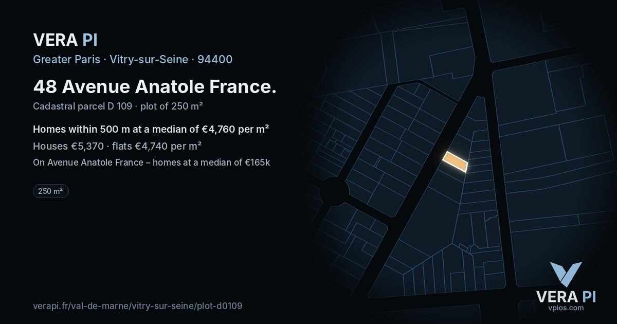 48 Avenue Anatole France, Vitry-sur-Seine at night – the plot lit, the parcels around coloured by the prices near them