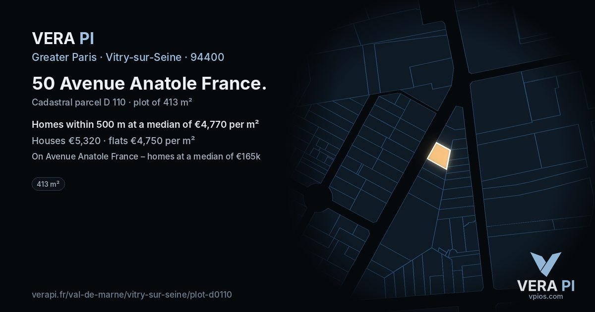 50 Avenue Anatole France, Vitry-sur-Seine at night – the plot lit, the parcels around coloured by the prices near them