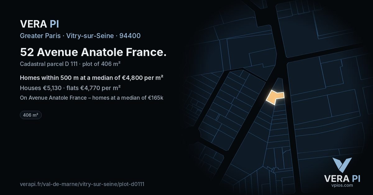 52 Avenue Anatole France, Vitry-sur-Seine at night – the plot lit, the parcels around coloured by the prices near them