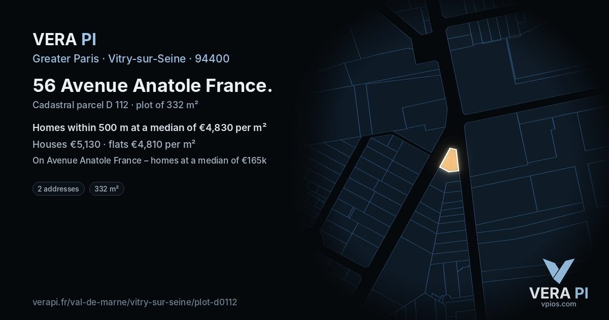 56 Avenue Anatole France, Vitry-sur-Seine at night – the plot lit, the parcels around coloured by the prices near them