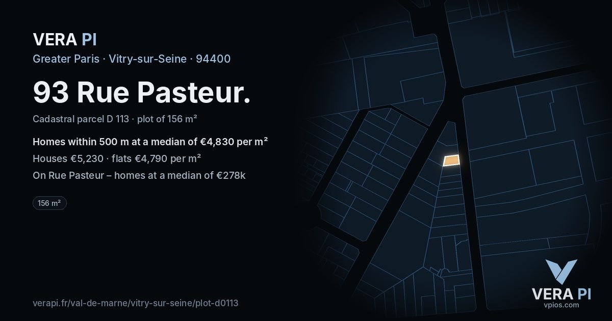 93 Rue Pasteur, Vitry-sur-Seine at night – the plot lit, the parcels around coloured by the prices near them
