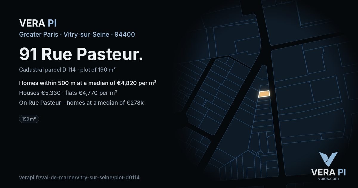 91 Rue Pasteur, Vitry-sur-Seine at night – the plot lit, the parcels around coloured by the prices near them