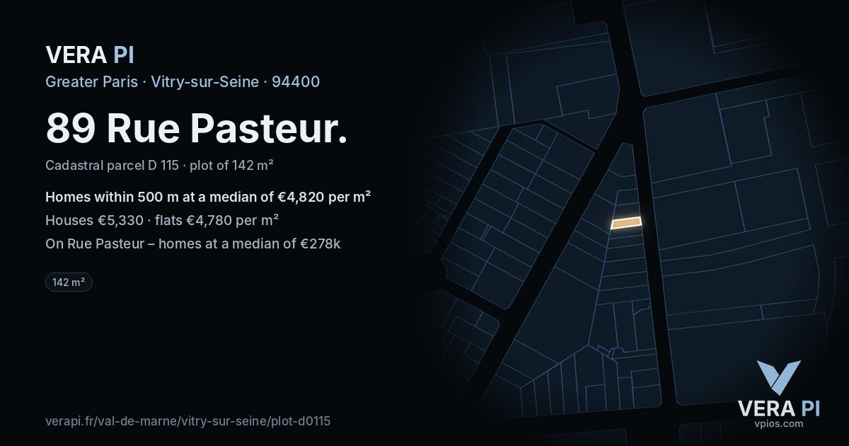 89 Rue Pasteur, Vitry-sur-Seine at night – the plot lit, the parcels around coloured by the prices near them