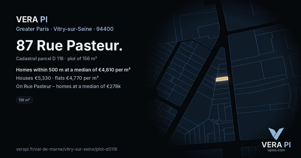87 Rue Pasteur, Vitry-sur-Seine at night – the plot lit, the parcels around coloured by the prices near them