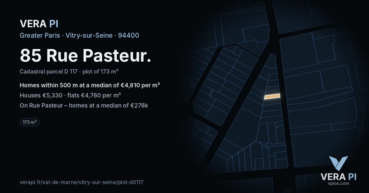 85 Rue Pasteur, Vitry-sur-Seine at night – the plot lit, the parcels around coloured by the prices near them
