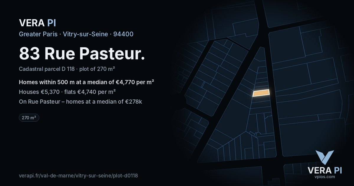83 Rue Pasteur, Vitry-sur-Seine at night – the plot lit, the parcels around coloured by the prices near them