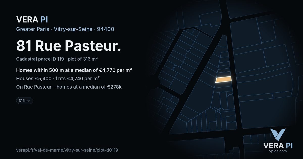 81 Rue Pasteur, Vitry-sur-Seine at night – the plot lit, the parcels around coloured by the prices near them