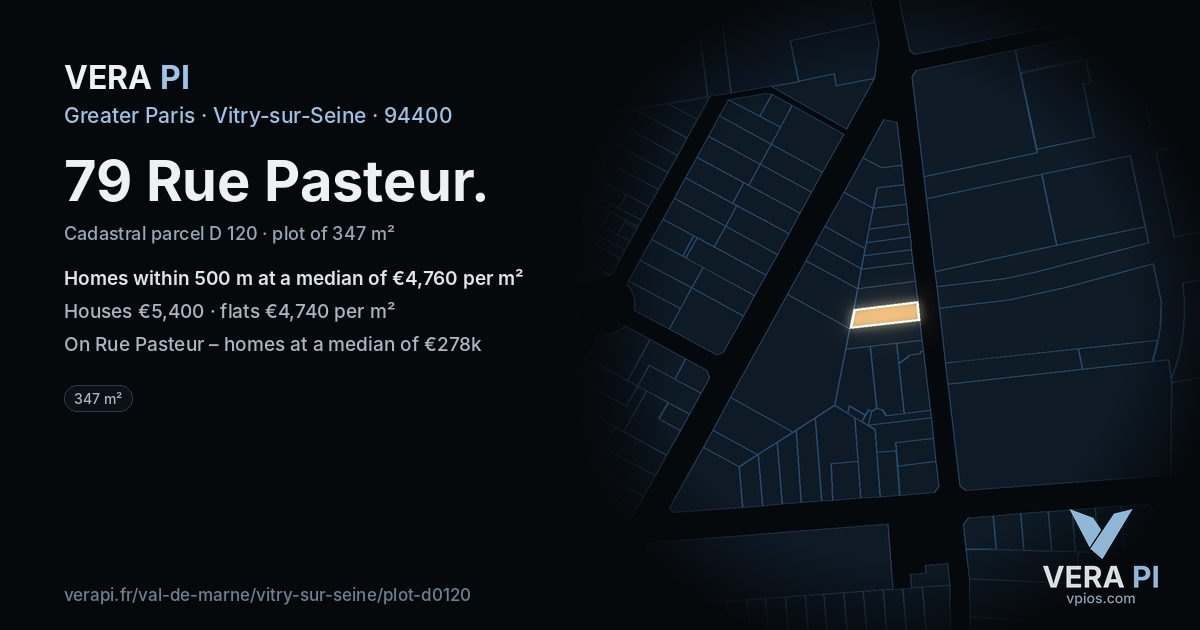 79 Rue Pasteur, Vitry-sur-Seine at night – the plot lit, the parcels around coloured by the prices near them
