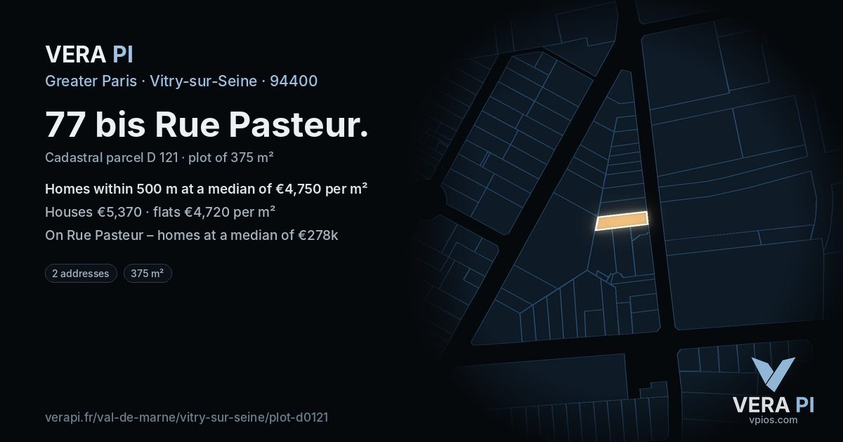 77 bis Rue Pasteur, Vitry-sur-Seine at night – the plot lit, the parcels around coloured by the prices near them
