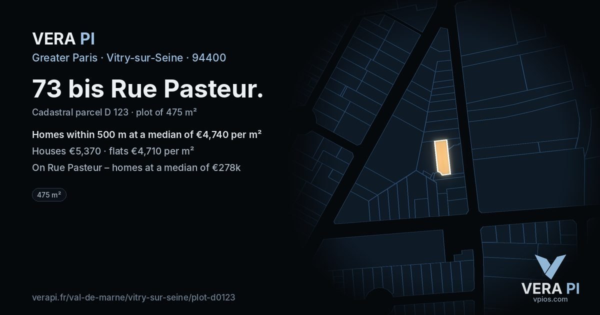 73 bis Rue Pasteur, Vitry-sur-Seine at night – the plot lit, the parcels around coloured by the prices near them