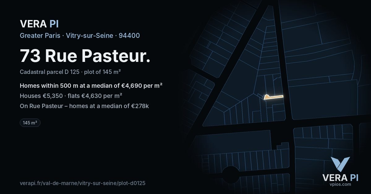 73 Rue Pasteur, Vitry-sur-Seine at night – the plot lit, the parcels around coloured by the prices near them