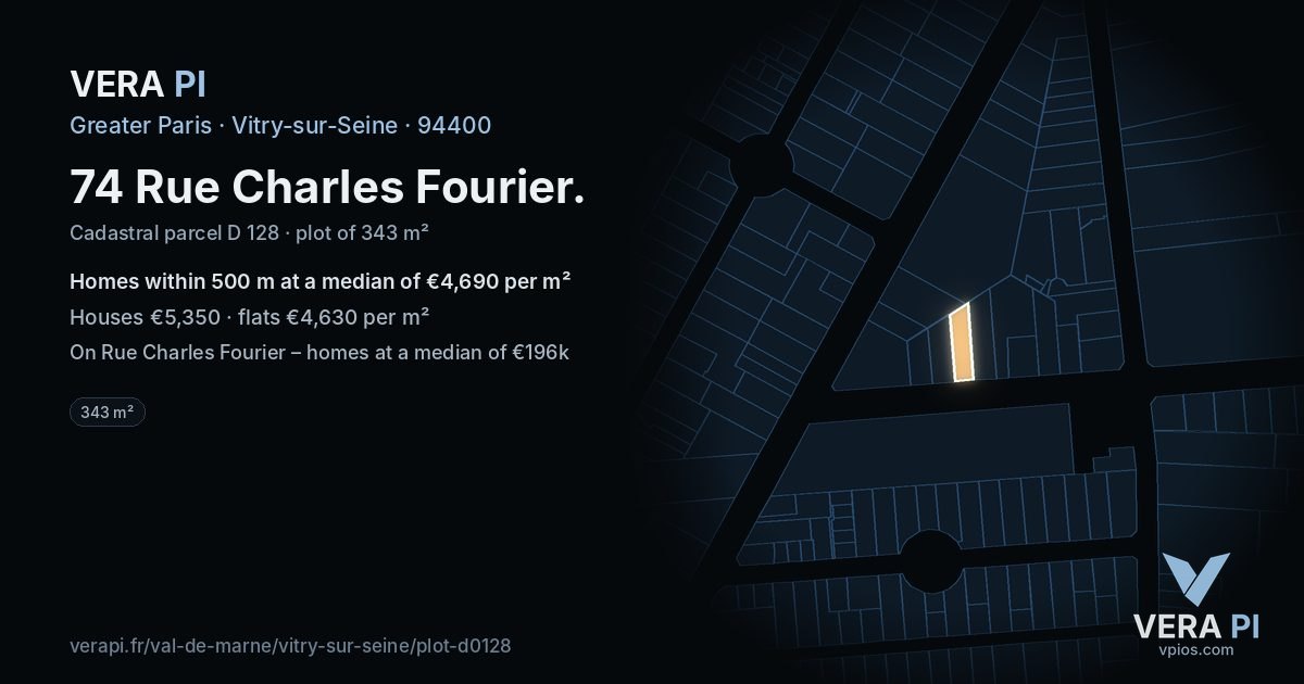 74 Rue Charles Fourier, Vitry-sur-Seine at night – the plot lit, the parcels around coloured by the prices near them