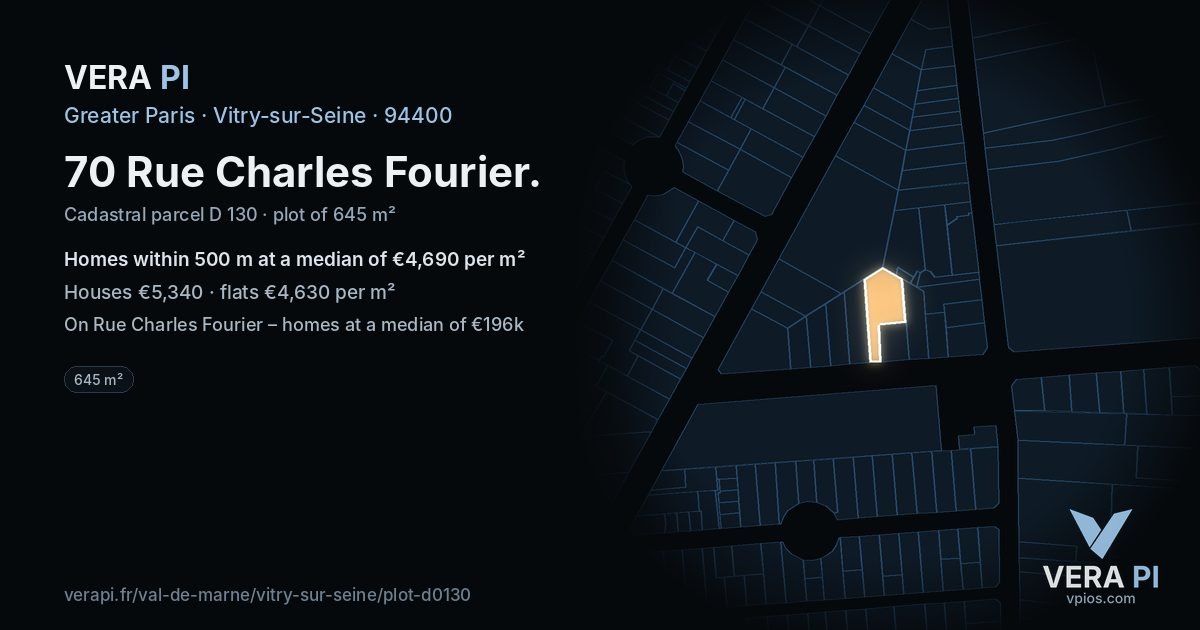 70 Rue Charles Fourier, Vitry-sur-Seine at night – the plot lit, the parcels around coloured by the prices near them