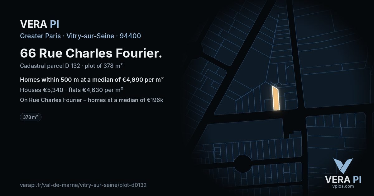 66 Rue Charles Fourier, Vitry-sur-Seine at night – the plot lit, the parcels around coloured by the prices near them