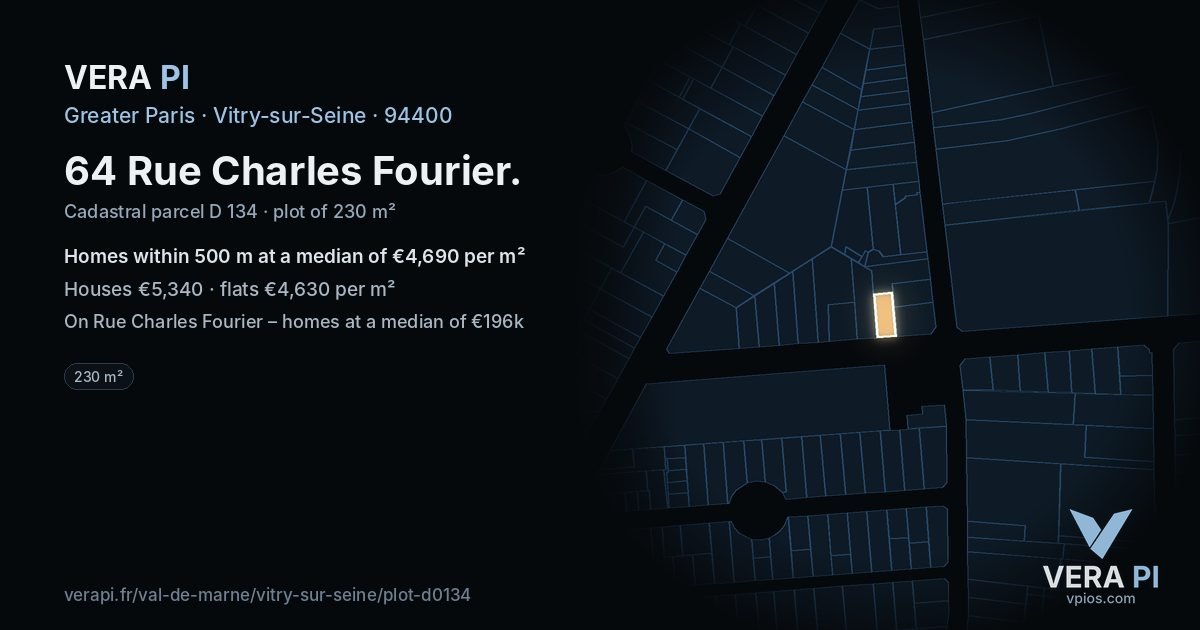 64 Rue Charles Fourier, Vitry-sur-Seine at night – the plot lit, the parcels around coloured by the prices near them