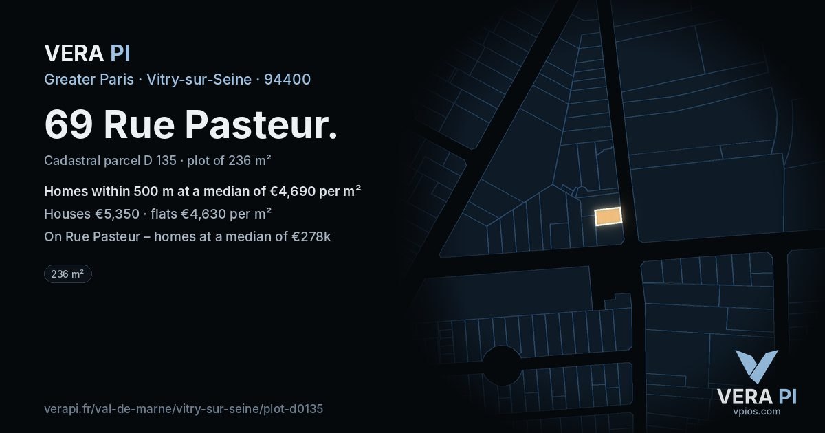 69 Rue Pasteur, Vitry-sur-Seine at night – the plot lit, the parcels around coloured by the prices near them