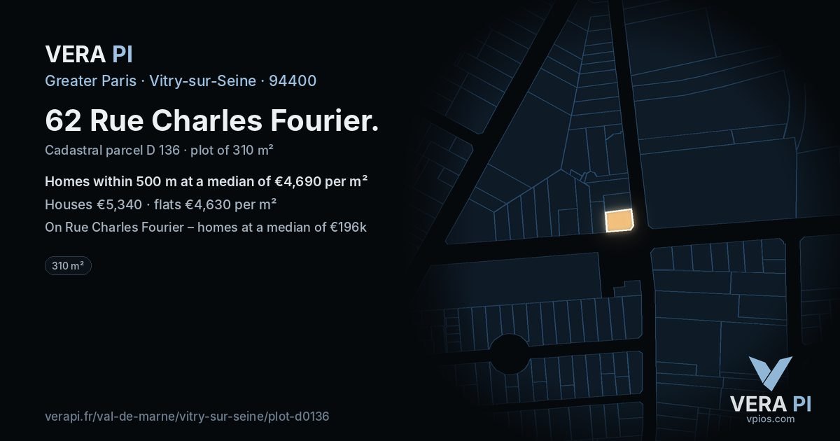 62 Rue Charles Fourier, Vitry-sur-Seine at night – the plot lit, the parcels around coloured by the prices near them