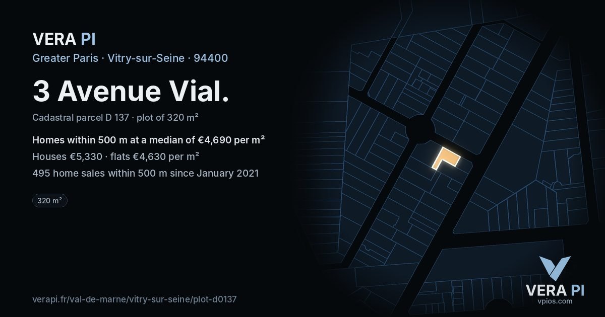3 Avenue Vial, Vitry-sur-Seine at night – the plot lit, the parcels around coloured by the prices near them