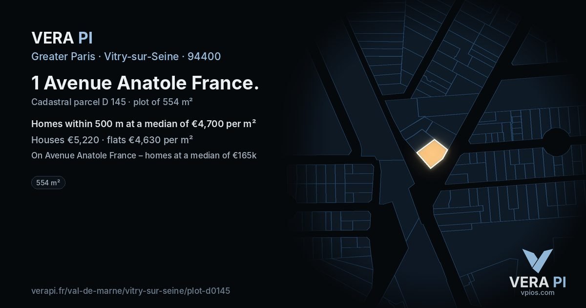 1 Avenue Anatole France, Vitry-sur-Seine at night – the plot lit, the parcels around coloured by the prices near them