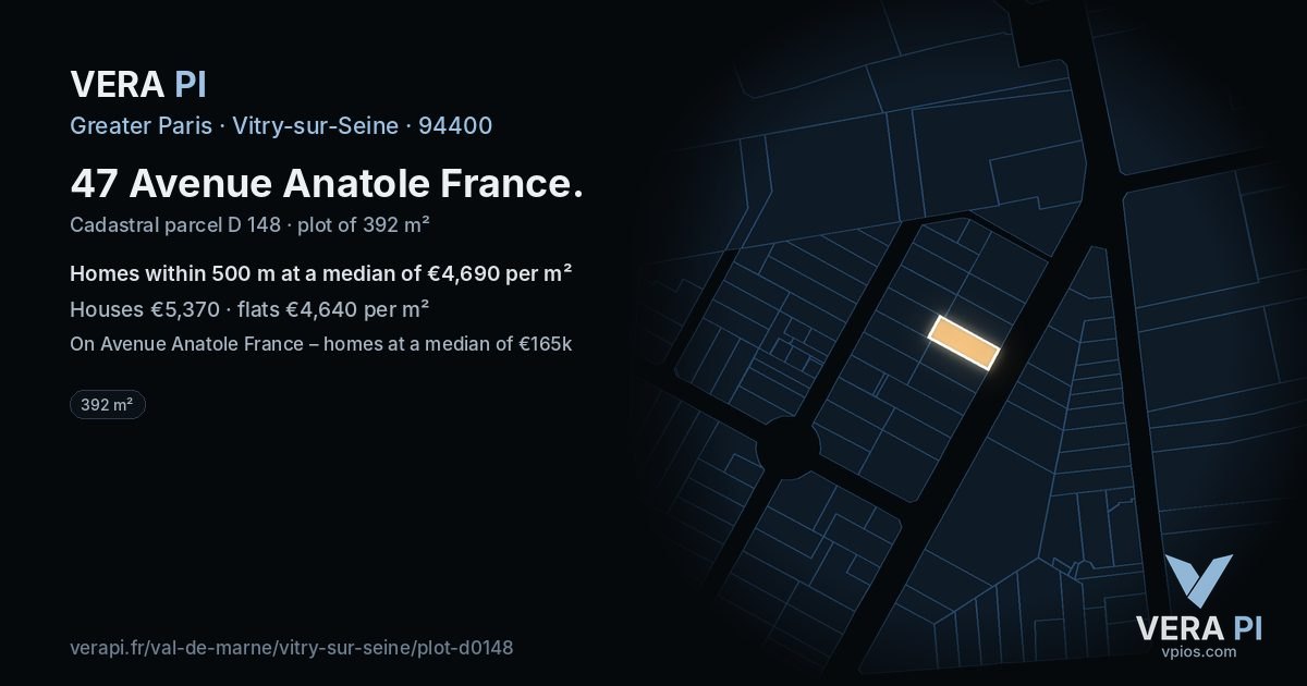 47 Avenue Anatole France, Vitry-sur-Seine at night – the plot lit, the parcels around coloured by the prices near them