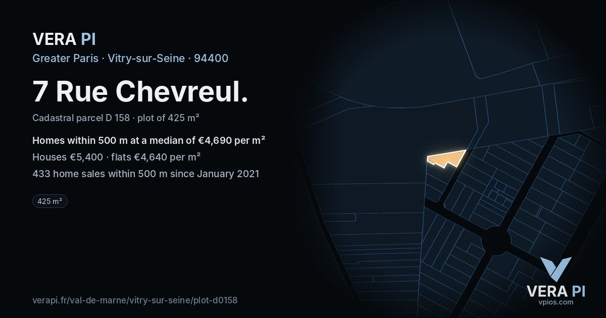 7 Rue Chevreul, Vitry-sur-Seine at night – the plot lit, the parcels around coloured by the prices near them