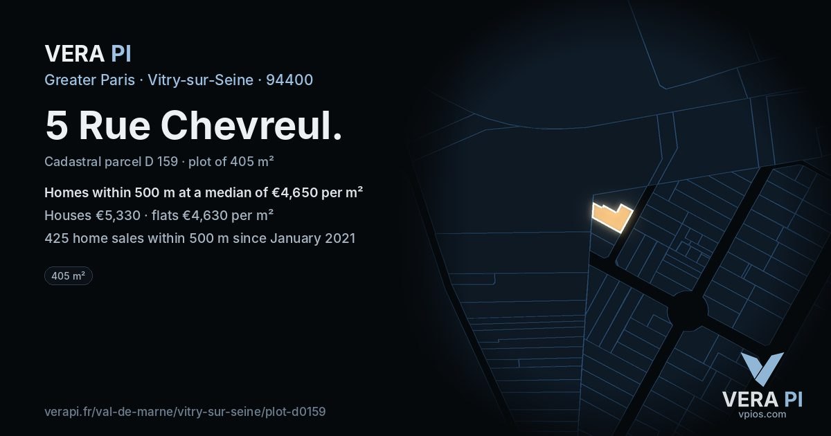 5 Rue Chevreul, Vitry-sur-Seine at night – the plot lit, the parcels around coloured by the prices near them