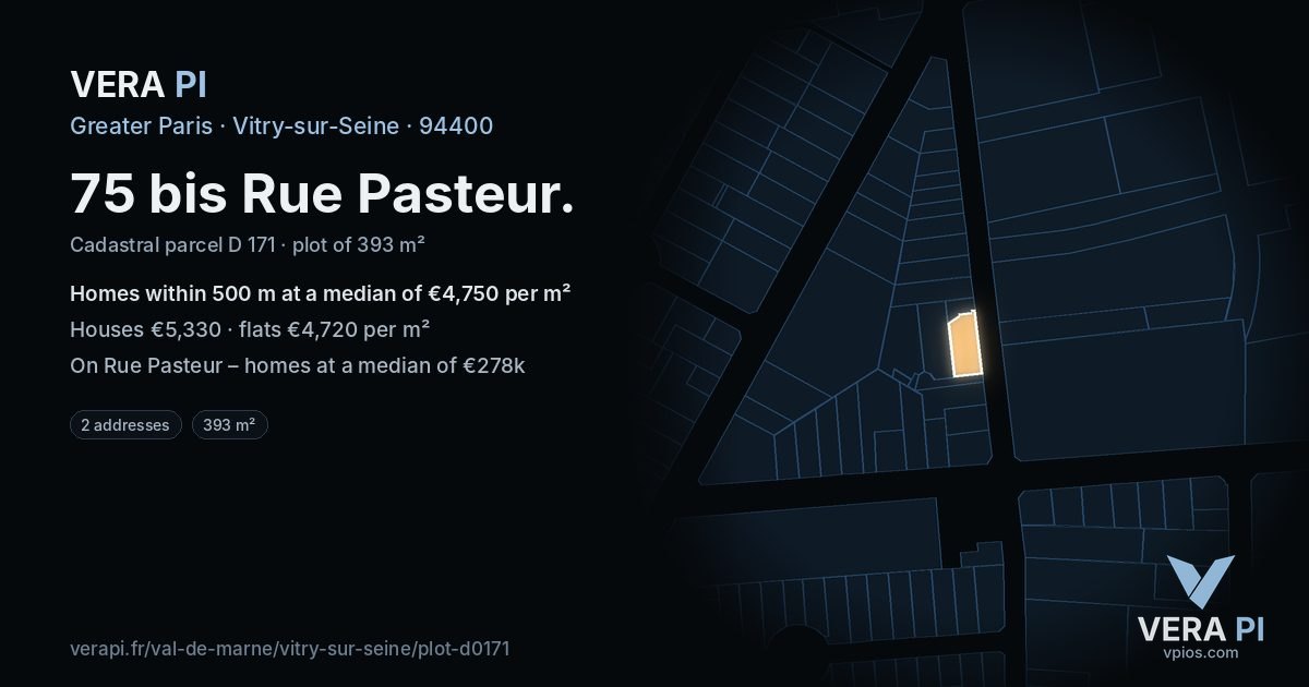 75 bis Rue Pasteur, Vitry-sur-Seine at night – the plot lit, the parcels around coloured by the prices near them