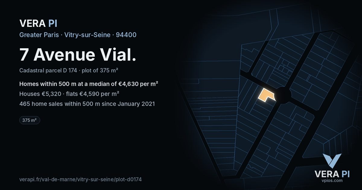 7 Avenue Vial, Vitry-sur-Seine at night – the plot lit, the parcels around coloured by the prices near them
