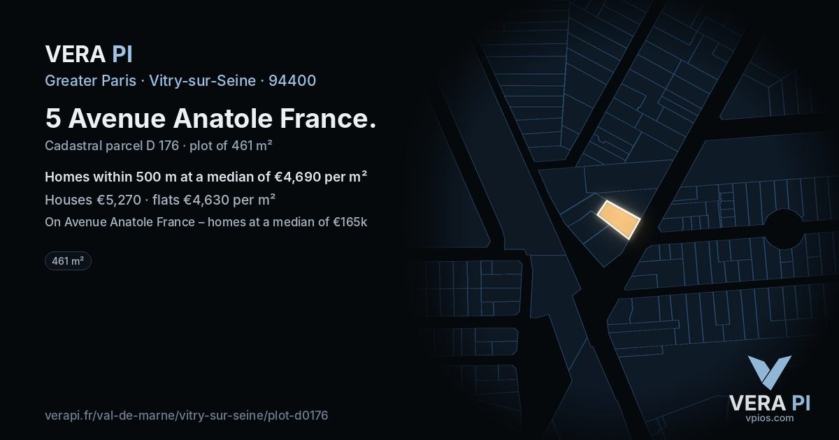 5 Avenue Anatole France, Vitry-sur-Seine at night – the plot lit, the parcels around coloured by the prices near them