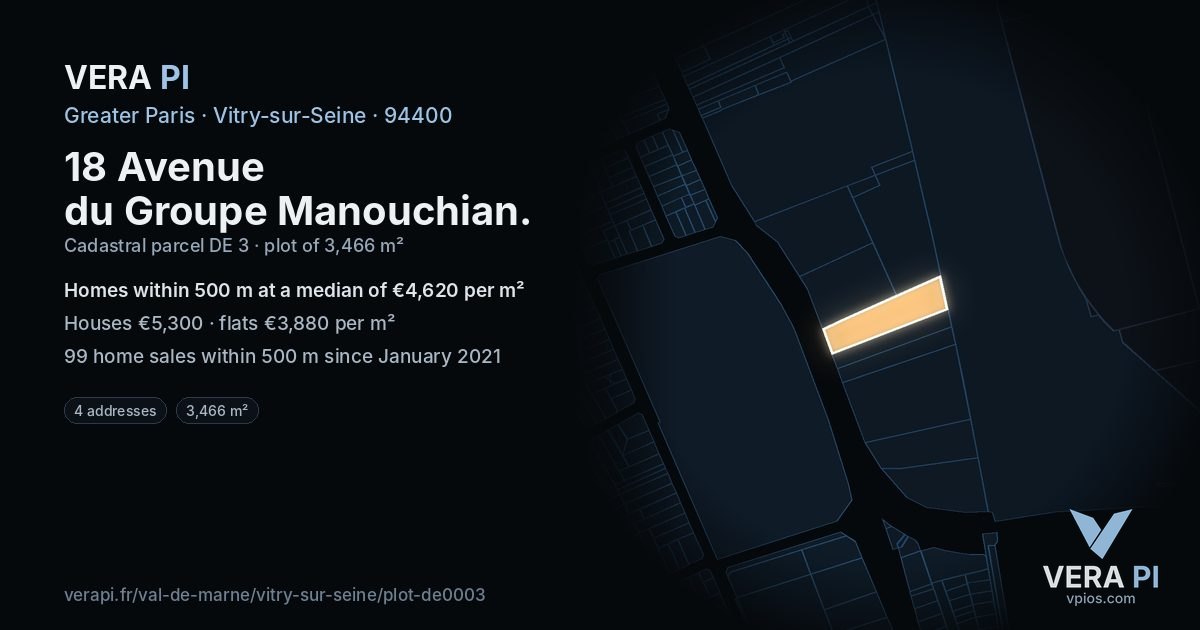 18 Avenue du Groupe Manouchian, Vitry-sur-Seine at night – the plot lit, the parcels around coloured by the prices near them