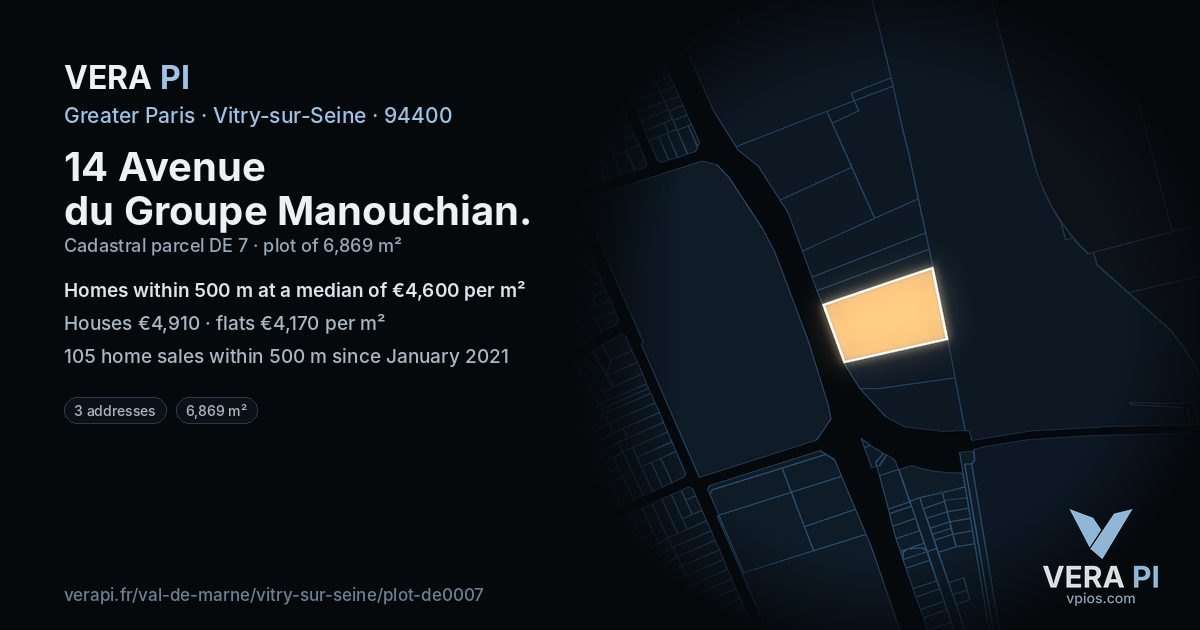 14 Avenue du Groupe Manouchian, Vitry-sur-Seine at night – the plot lit, the parcels around coloured by the prices near them