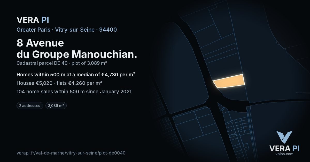 8 Avenue du Groupe Manouchian, Vitry-sur-Seine at night – the plot lit, the parcels around coloured by the prices near them
