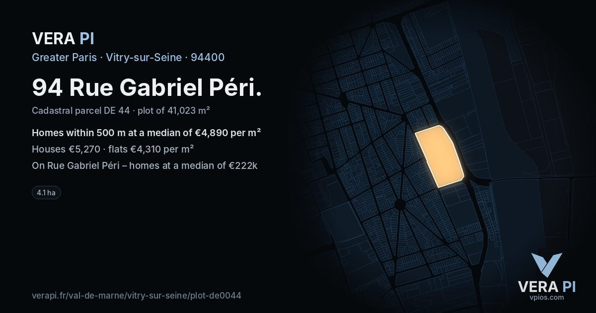 94 Rue Gabriel Péri, Vitry-sur-Seine at night – the plot lit, the parcels around coloured by the prices near them