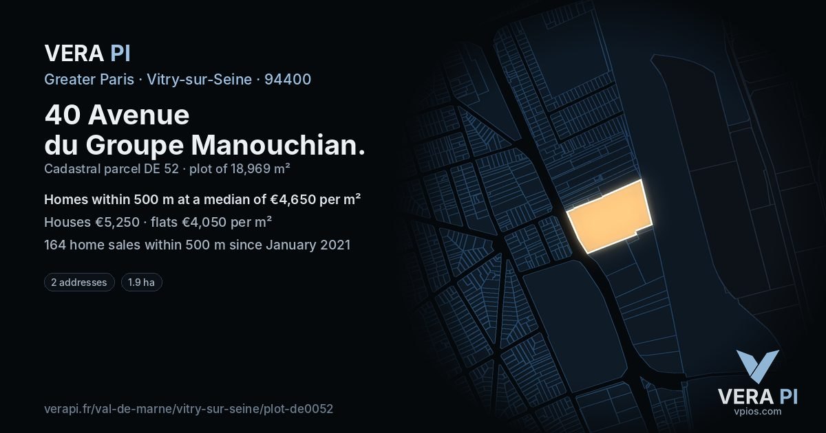 40 Avenue du Groupe Manouchian, Vitry-sur-Seine at night – the plot lit, the parcels around coloured by the prices near them