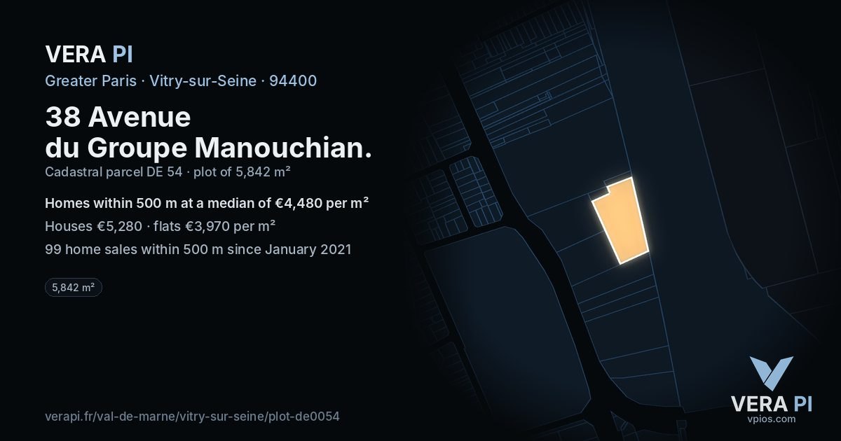 38 Avenue du Groupe Manouchian, Vitry-sur-Seine at night – the plot lit, the parcels around coloured by the prices near them