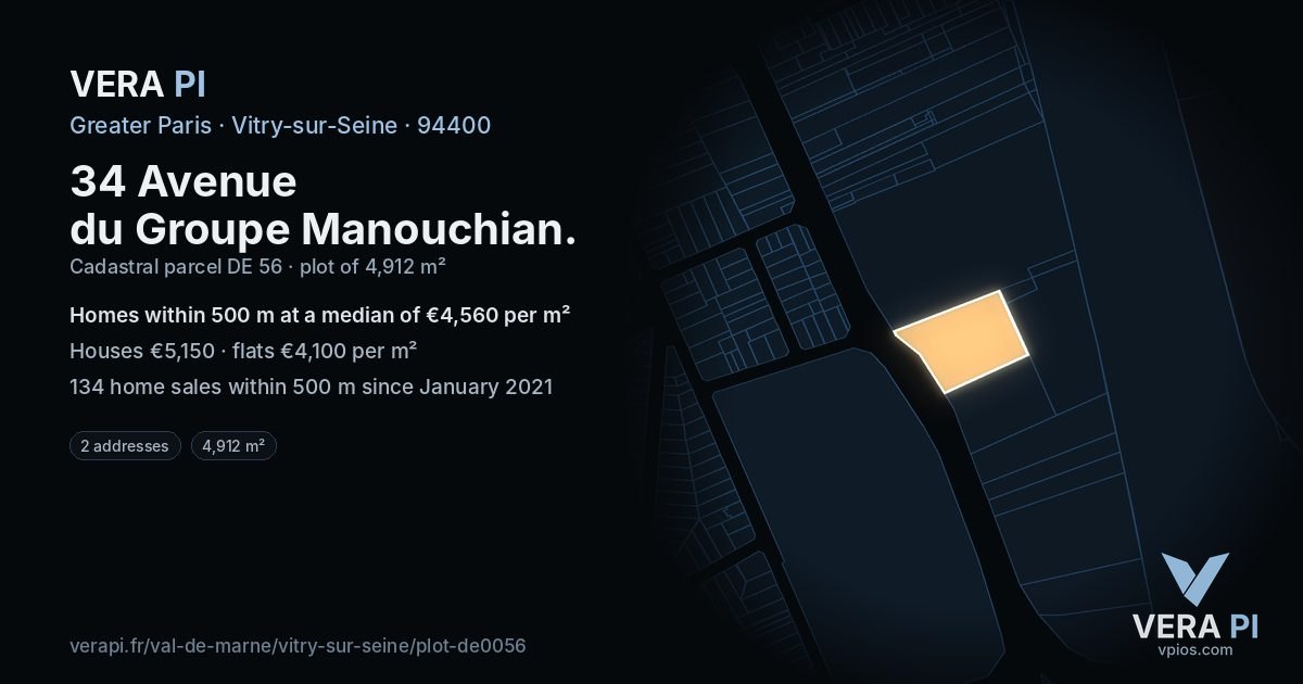 34 Avenue du Groupe Manouchian, Vitry-sur-Seine at night – the plot lit, the parcels around coloured by the prices near them