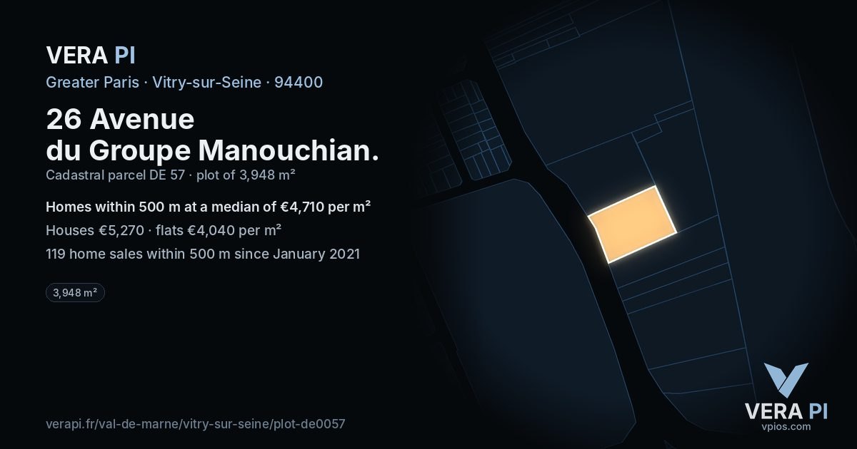 26 Avenue du Groupe Manouchian, Vitry-sur-Seine at night – the plot lit, the parcels around coloured by the prices near them
