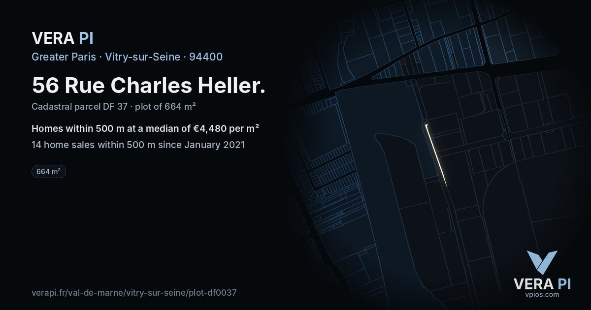 56 Rue Charles Heller, Vitry-sur-Seine at night – the plot lit, the parcels around coloured by the prices near them