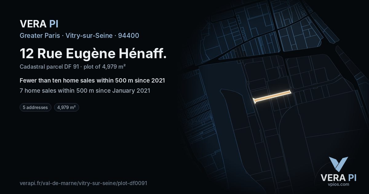 12 Rue Eugène Hénaff, Vitry-sur-Seine at night – the plot lit, the parcels around coloured by the prices near them