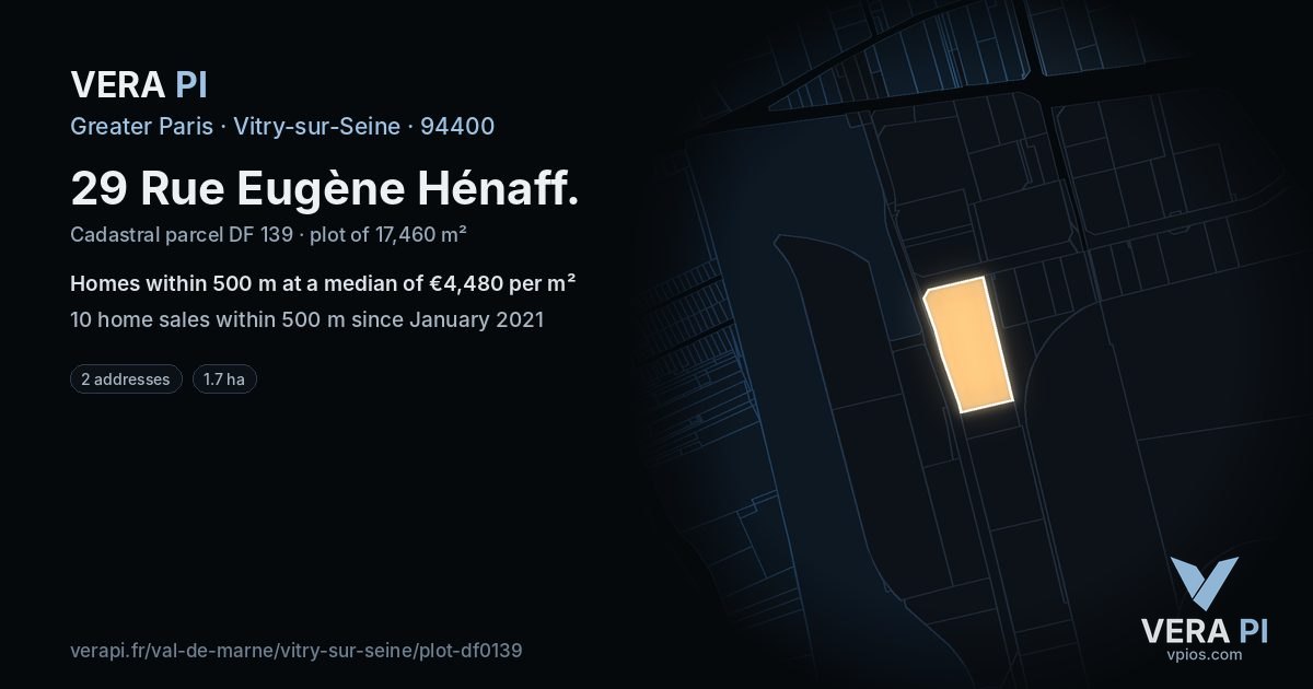 29 Rue Eugène Hénaff, Vitry-sur-Seine at night – the plot lit, the parcels around coloured by the prices near them