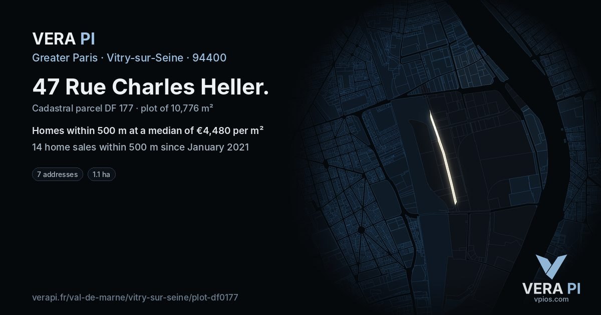 47 Rue Charles Heller, Vitry-sur-Seine at night – the plot lit, the parcels around coloured by the prices near them