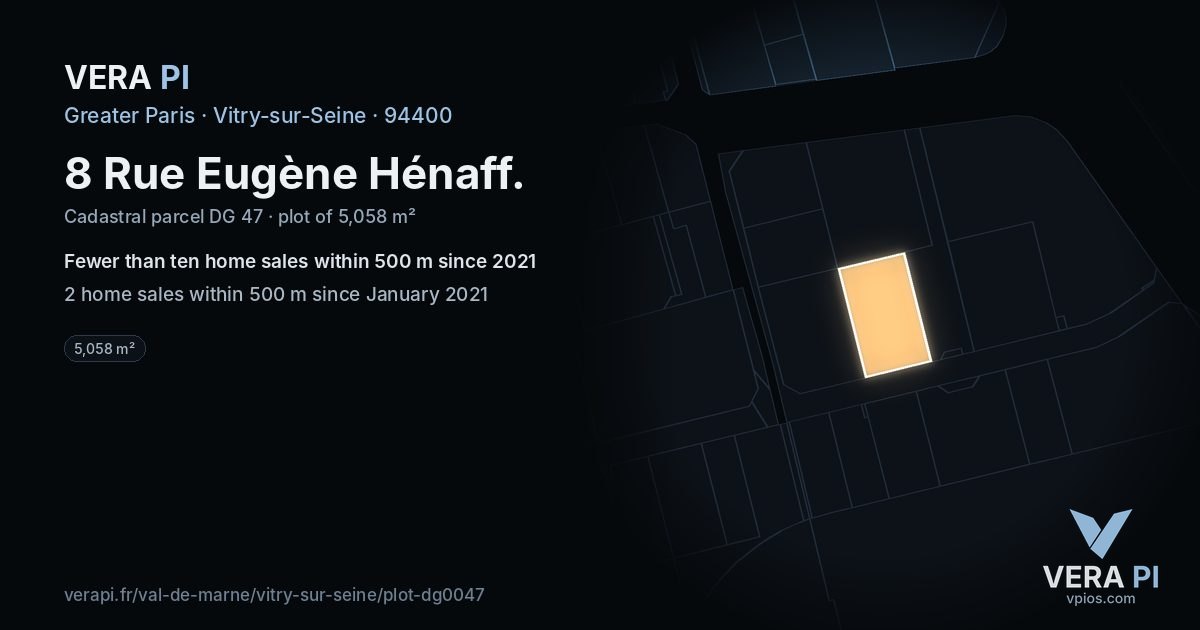8 Rue Eugène Hénaff, Vitry-sur-Seine at night – the plot lit, the parcels around coloured by the prices near them