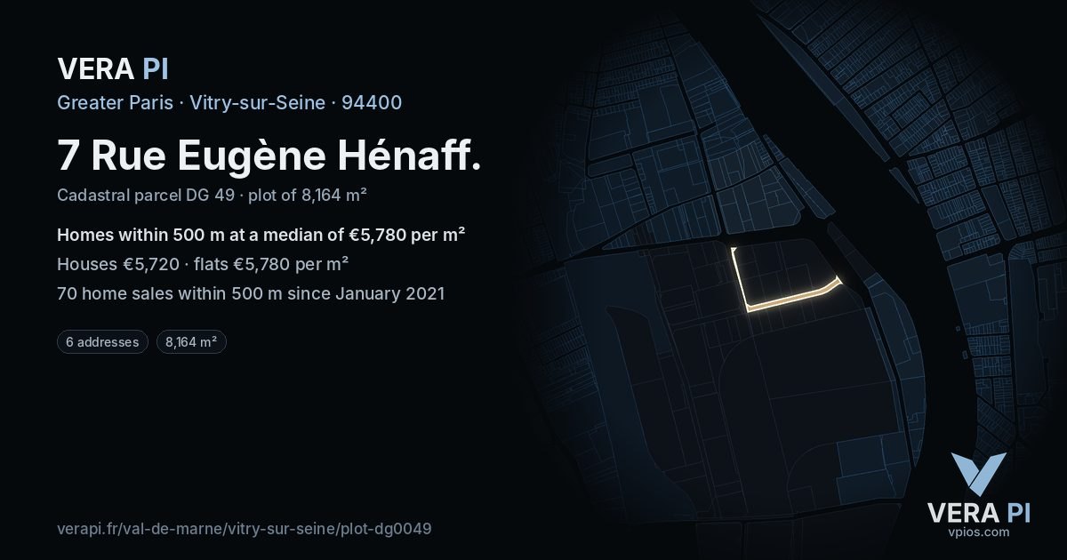 7 Rue Eugène Hénaff, Vitry-sur-Seine at night – the plot lit, the parcels around coloured by the prices near them
