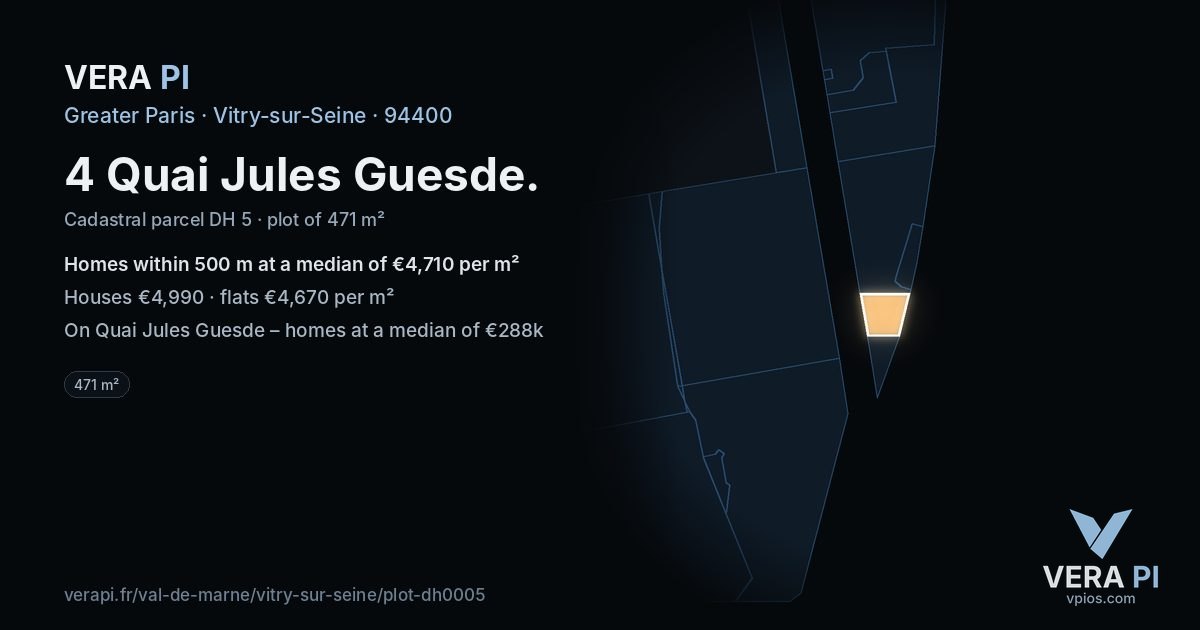 4 Quai Jules Guesde, Vitry-sur-Seine at night – the plot lit, the parcels around coloured by the prices near them
