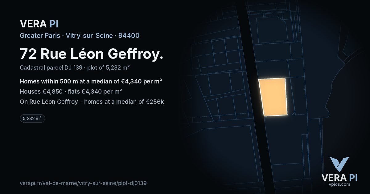 72 Rue Léon Geffroy, Vitry-sur-Seine at night – the plot lit, the parcels around coloured by the prices near them
